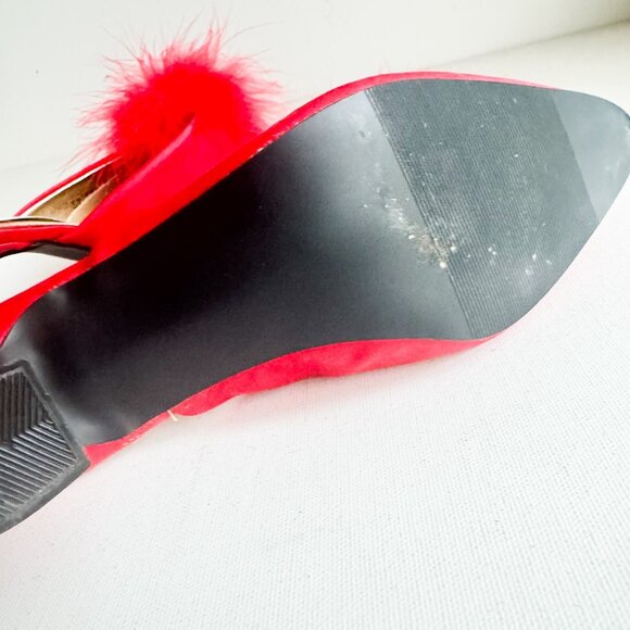 Vintage Intimate Details Red Satin Fur Pom Pom Bedroom Slippers Kitten Heel 8 - Picture 7 of 7